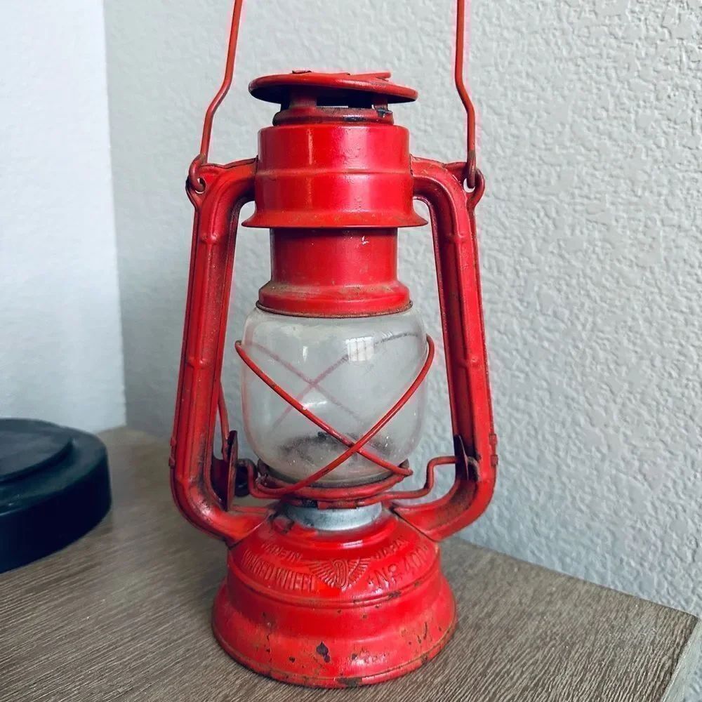 Vintage Antique Red Metal Winged Wheel Lantern